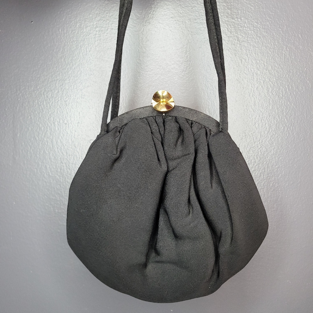 Vintage 1940s 1950s Puffy Round Black Evening Clutch Bag
